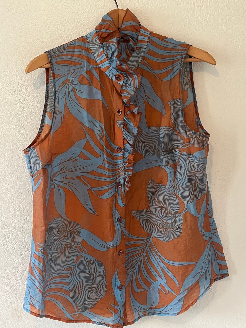 Womens CABI Tropical Top Semi-Sheer Ruffled Buttoned Sleeveless Copper Blue Sz M